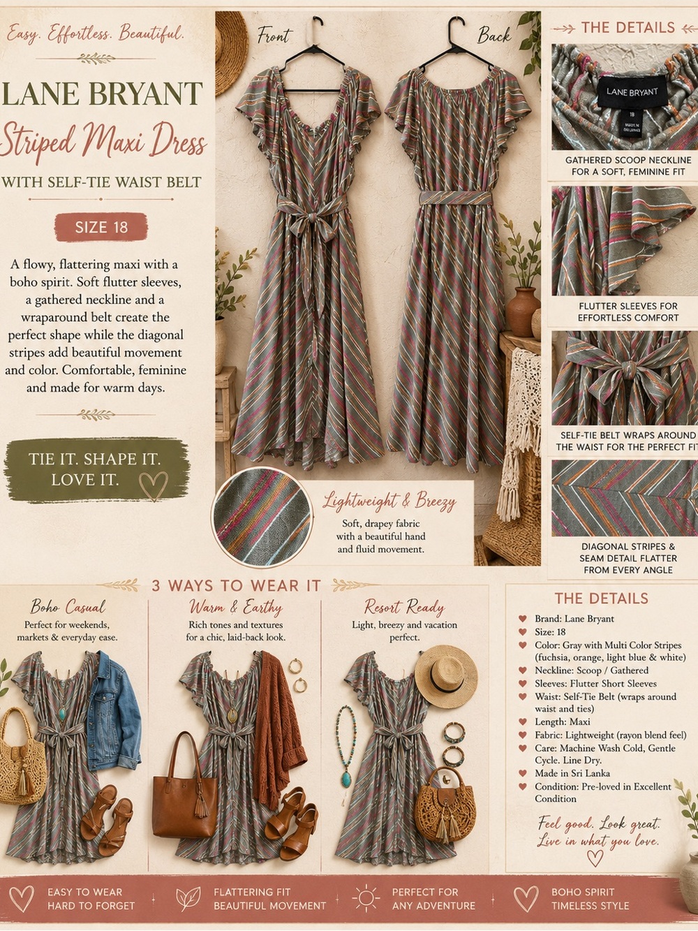 Lane Bryant Striped Maxi Dress in Olive Green, Pink and Cream